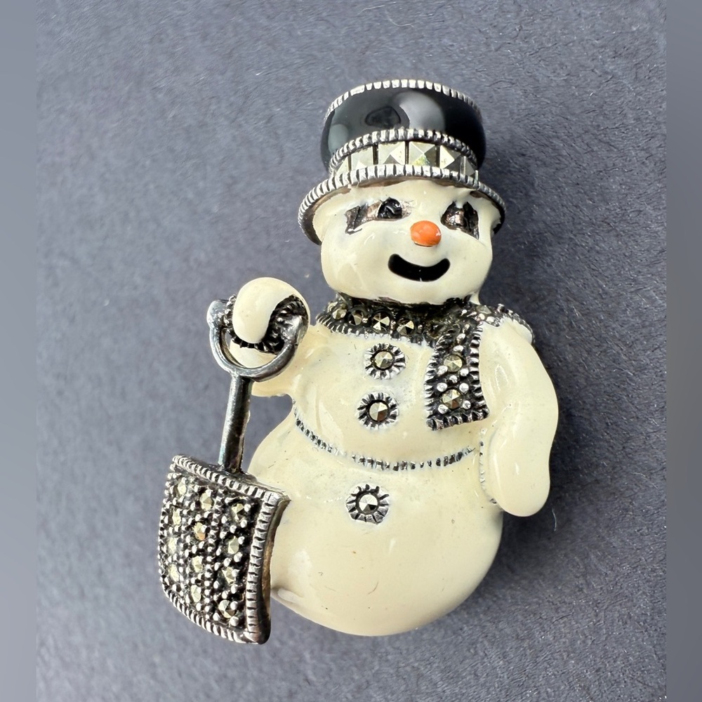 JUDITH JACK Sterling Vintage Marcasite Enamel Snowman Christmas Pin Brooch J0043 - Picture 1 of 7